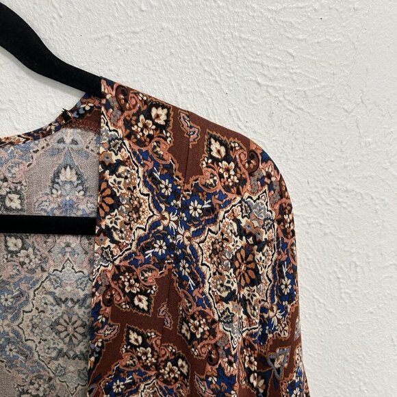 Allison Terracotta Leoni Kimono Wrap Short Sleeve Brown Ikat Floral Sz M/L Boho - Picture 3 of 9